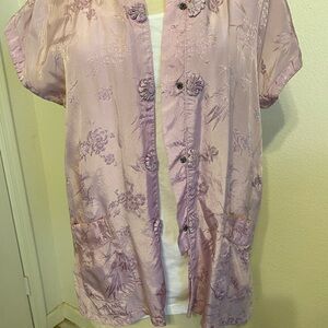 Lavender Satin Floral Button-Up Top